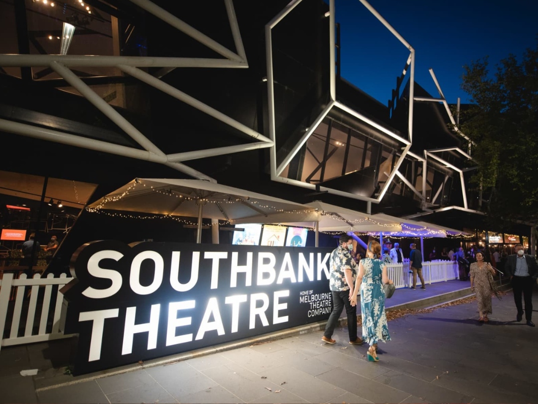 A large sign reads Southbank Theatre below a geometric architectural feature