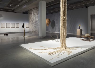 A series of artworks on a gallery wall with a rope sculpture hanging from ceiling