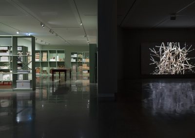 A gallery with collection shelves and a video projection in a dark room