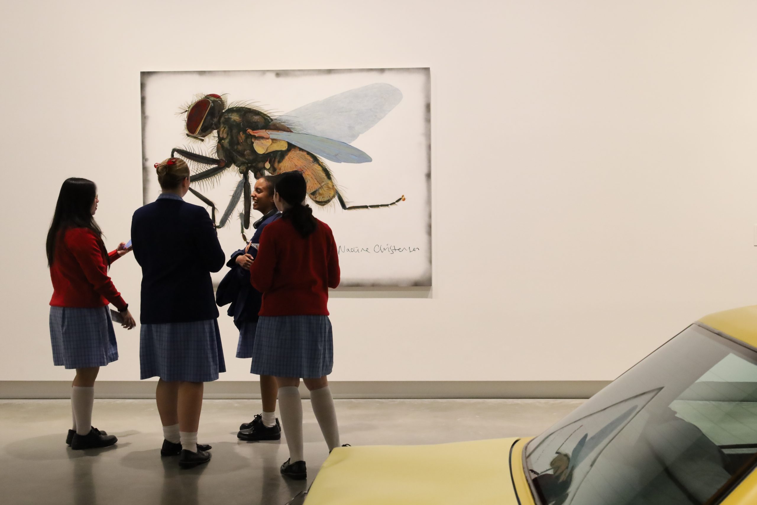 A group of high school students talk in gallery in front of a painting of a bee