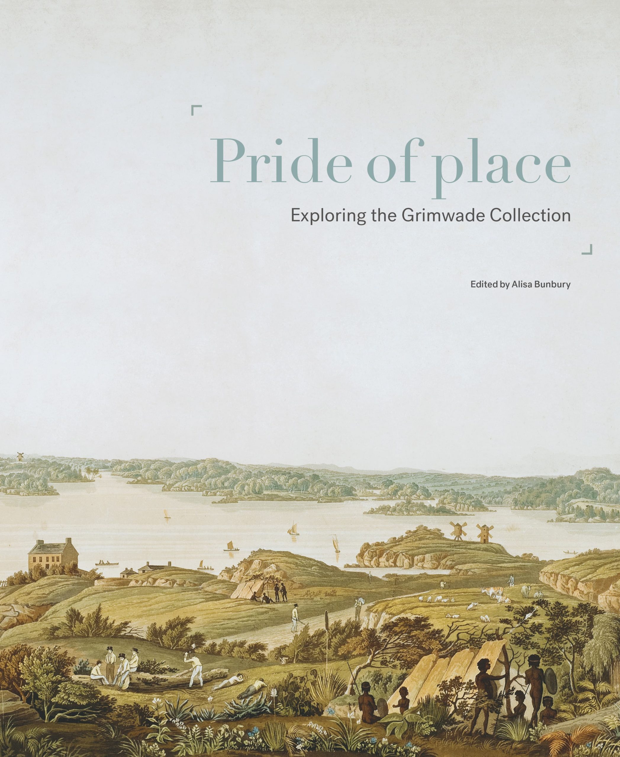 A book cover of a landscape painting of an old town and lake with words Pride of Place